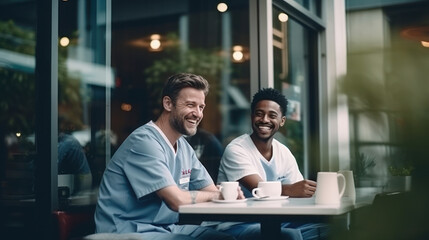 A male nurse and his friend drank coffee in the shop before going to work - Powered by Adobe