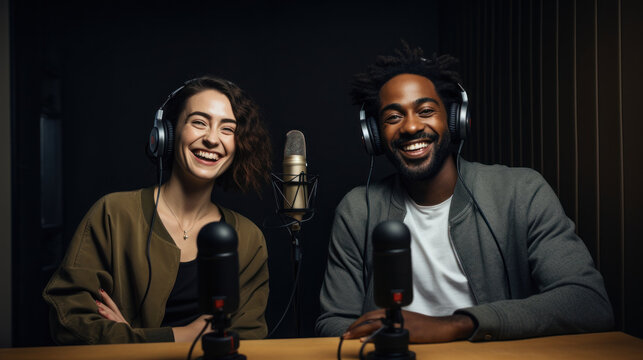 two content creator podcast interviews sit in studio - Powered by Adobe