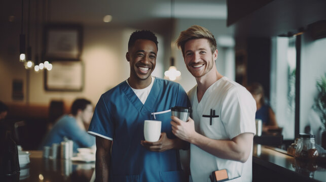 A male nurse and his friend drank coffee in the shop before going to work