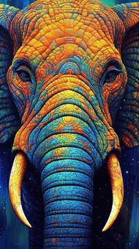 Elephant Head Selective Focus Colorful Watercolor Oil Painting Abstract Background