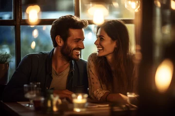 Fotobehang Lifestyles, relationship concept. Beautiful couple take dinner in cozy restaurant. Two young happy people spending time together. Generative AI © Rytis