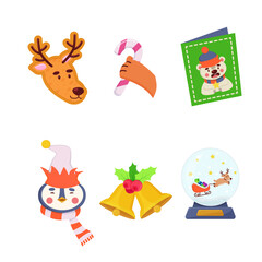 Fototapeta premium Cartoon set of Christmas icons. Reindeer, candy cane, Christmas card, bells illustrations in cartoon style. Holiday, decoration, celebration concept