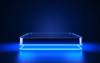 empty blue neon podium on dark background