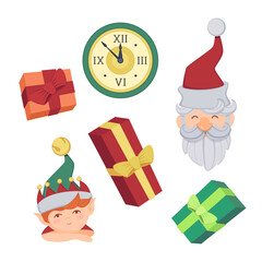 Christmas icon set with gift boxes, Santa Clause, elf and clock striking twelve. Vector illustrations in cartoon style. Holiday, celebration concept