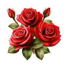 Watercolor floral bouquet composition with red roses, png transparent background, generative ai.