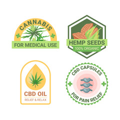 Modern graphic set for logo. Cannabis for medical use, hemp seeds, CBD oil, capsule for pain relief vector emblems
