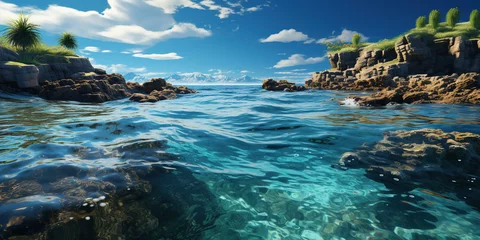 Zelfklevend Fotobehang Beautiful Island with Palm Trees Paradise Beach Seascape Background © Image Lounge