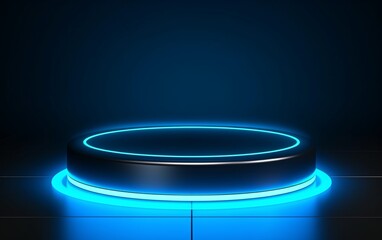 empty cyan neon podium on dark background