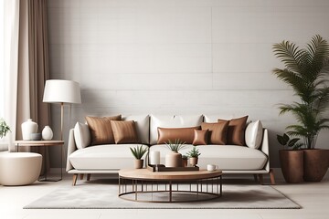 Interior living room wall mockup with leather sofa and decor on white background, comfortable