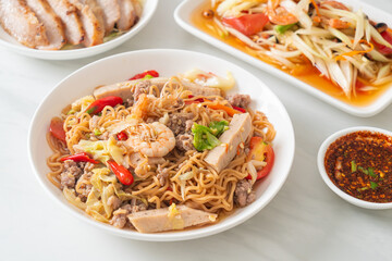 Instant noodles spicy salad on plate