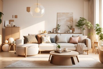 Modern interior style design livingroom. Lighting and sunny scandinavian apartment with plaster and wood. pastel - Powered by Adobe