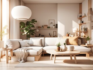 Modern interior style design livingroom. Lighting and sunny scandinavian apartment with plaster and wood. architecture