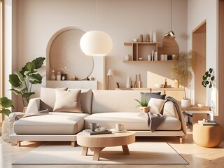 Modern interior style design livingroom. Lighting and sunny scandinavian apartment with plaster and wood. luxury