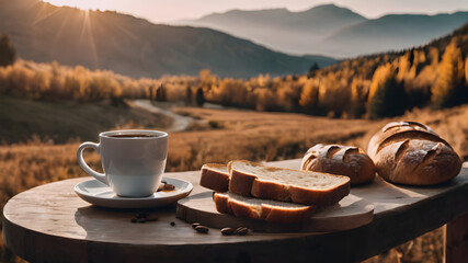 a cup of coffee with some breads and beautiful morning view of the mountain, ai generated image - obrazy, fototapety, plakaty