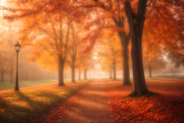 Naklejka na ściany i meble maple leaves in fall city park,nature scene in sunset fog ,autumn forest