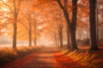 Naklejka na ściany i meble maple leaves in fall city park,nature scene in sunset fog ,autumn forest