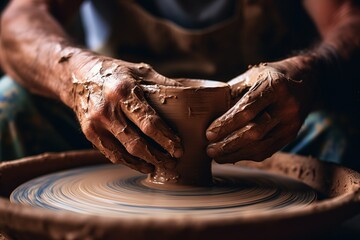 Hands of potter making clay pot. Close up process shot of a potter's hands shaping clay on a pottery wheel - obrazy, fototapety, plakaty