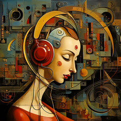 Contemporary art of a girl listening to music