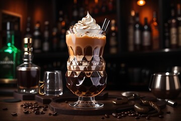 Rattlesnake alcoholic cocktail drink with coffee and cocoa liquor, irish cream, ground coffee and ice in glass, brown - obrazy, fototapety, plakaty