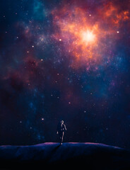 Fototapeta na wymiar Astronaut walking on mountain landscape with fractal nebula and stars. Fantasy digital painted background, 3D rendering