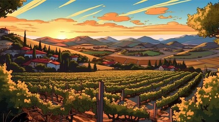 Sun-kissed vineyards and wineries. Fantasy concept , Illustration painting. - obrazy, fototapety, plakaty