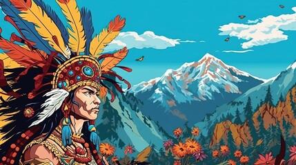 Portrait of an Indian chief on the background of mountains. Fantasy concept , Illustration painting. - obrazy, fototapety, plakaty