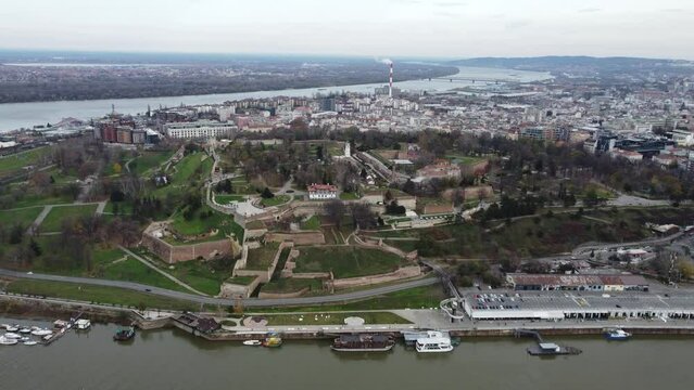 Drone flight in the Belgrade city view from above the old Kalemegdan fortress, Serbia