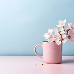 a pink mug with a branch of cherry blossoms