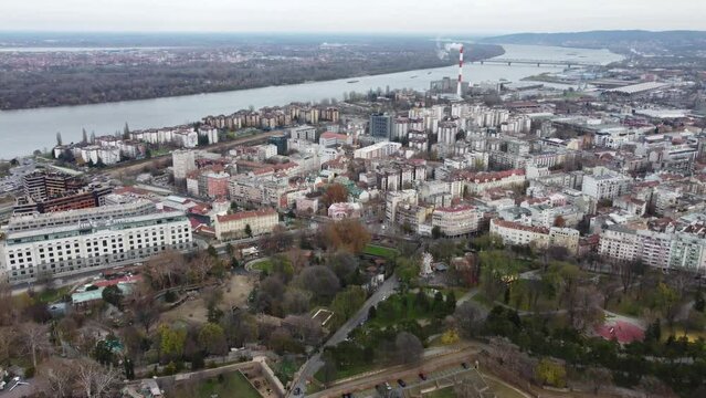 Drone flight in the Belgrade city view from above the old Kalemegdan fortress, Serbia