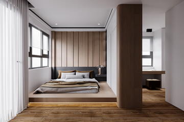 Delightful Bed Room Interior With Pop Color, Wooden Floor, Smart Artwork
