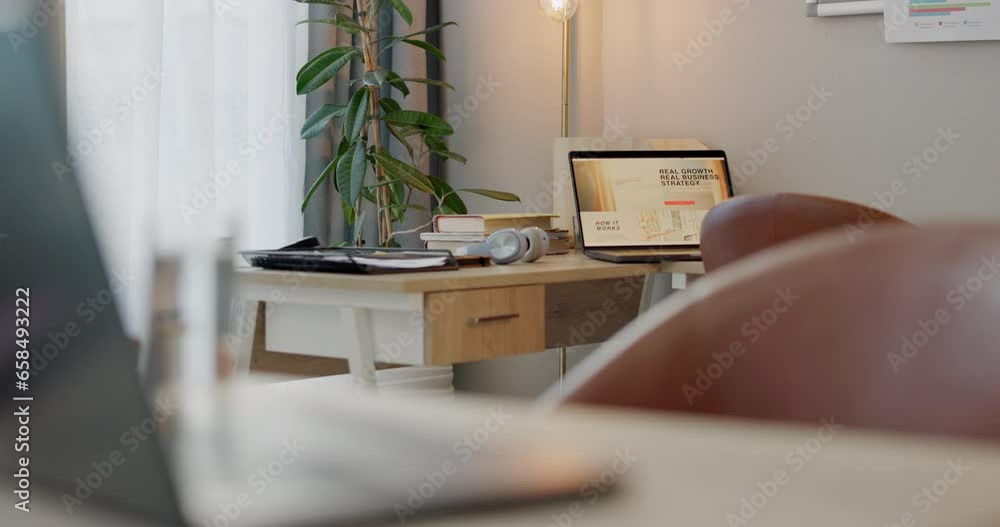 Poster Coworking, empty office and laptop with marketing strategy presentation with no people and desk. Business, startup and technology with website and internet app for work and job online with computer