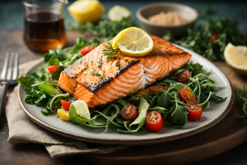 Baked or fried salmon and salad, Paleo, keto, fodmap, dash diet. Mediterranean food with steamed...