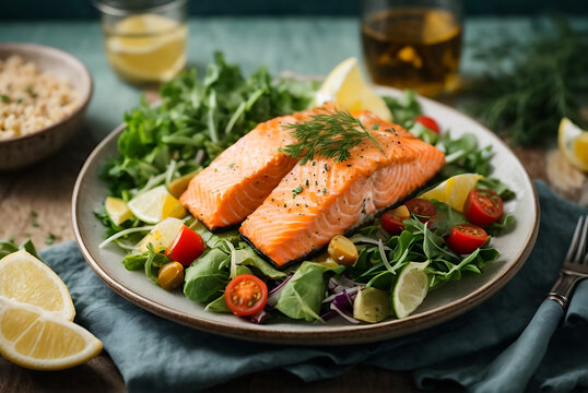 Baked or fried salmon and salad, Paleo, keto, fodmap, dash diet. Mediterranean food with steamed fish Pro Photo