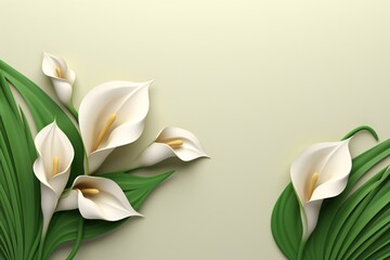 Floral background design with lily flowers on the border and copy space and soft yellow color backdrop
