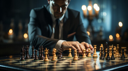 A person involved in a strategic indoor chess game. A concentrated businessman develops new business strategies during a game of chess. - obrazy, fototapety, plakaty
