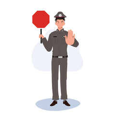 Thai Police Officer with STOP Hand Sign. Traffic Control Symbol