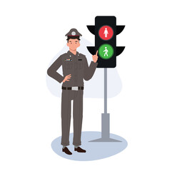Law Enforcement concept. Thai Policeman at Traffic Signal is pointing the light