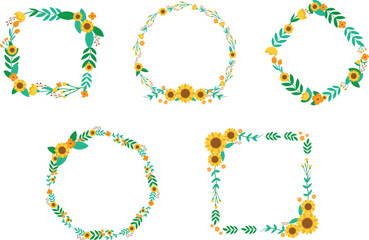 Vector Flat Floral Sunflowers Spring Frame Border Isolated Set