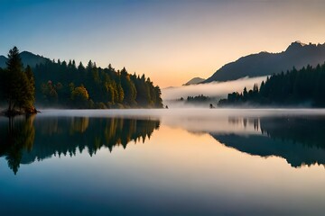 Fototapeta premium A serene lakeside landscape with mist rising over tranquil waters at dawn
