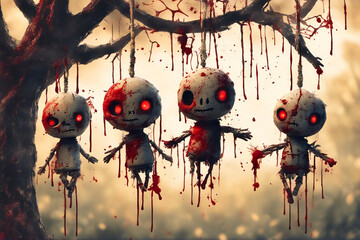  Voodoo dolls hanging from a tree. - obrazy, fototapety, plakaty