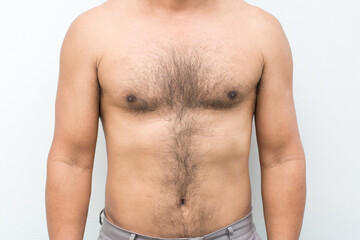 Hairy chest on skin man isolated on white background