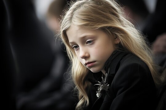 Portrait of a sad little girl on the background of the crowd.Funeral concept