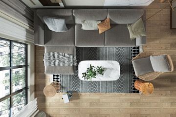 Top view of a living room from a heart of a home interior design 3D illustration