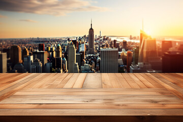 Top of surface wooden table with blurred city buildings and sun light background.