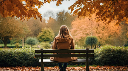 Back view of a young woman sitting on a bench in the park at autumn - obrazy, fototapety, plakaty