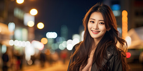 Beautiful asian women in the city at night with bokeh