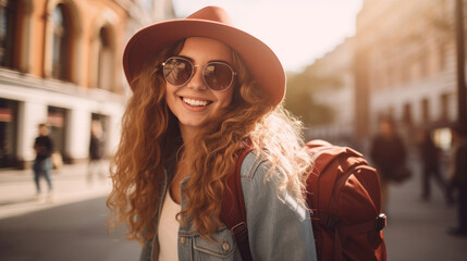 Beautiful happy young fashionable woman traveling in City with backpack. Tourists Lifestyle shopping travel concept. - obrazy, fototapety, plakaty