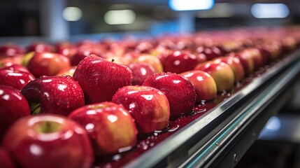 Fresh Red Apples On A Conveyor Belt.