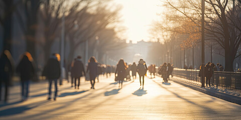 Blurred street people in Korea perspective people walking in late afternoon with long shadow walkway in the park defocused image use for background - obrazy, fototapety, plakaty