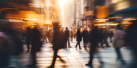 City Life in Motion. A Bokeh Blur of People Walking through the Busy Streets. - obrazy, fototapety, plakaty